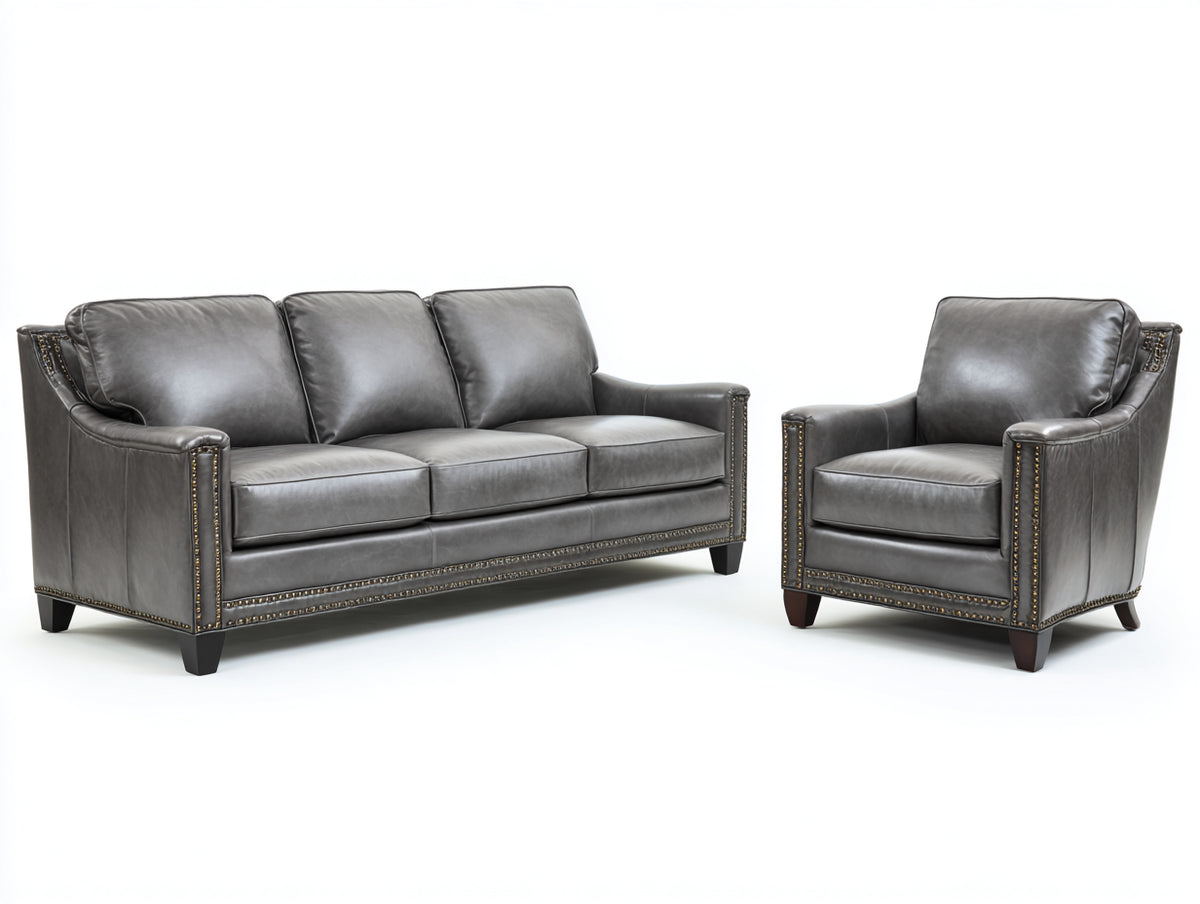 Set divani - Similpelle - 221 x 95 x 93 cm - Grigio fumo-Marrone scuro - Classico contemporaneo