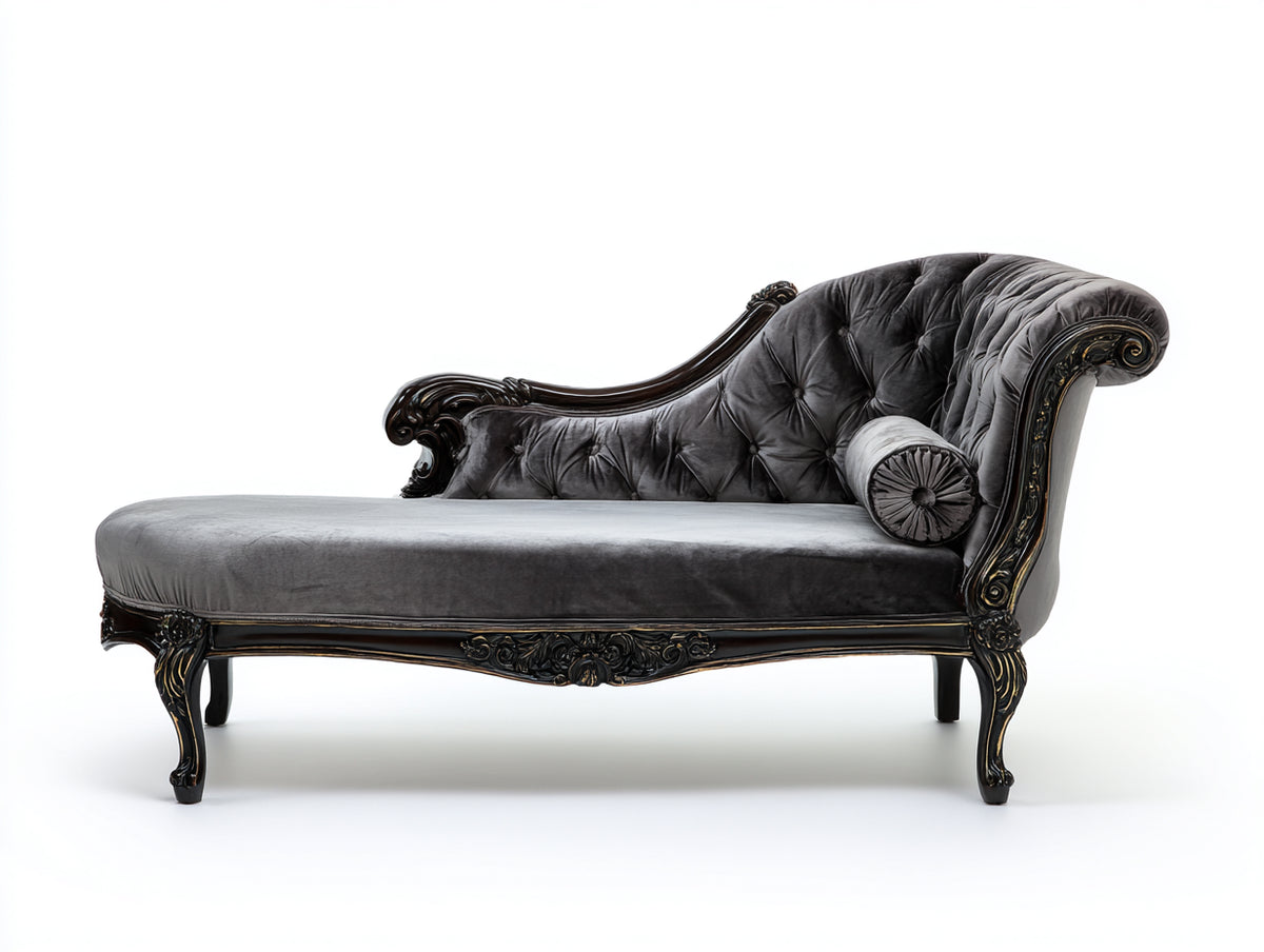 Chaise longue - Velluto-Legno - 184x79x101 cm - Grigio antracite-Nero-Oro - Stile barocco