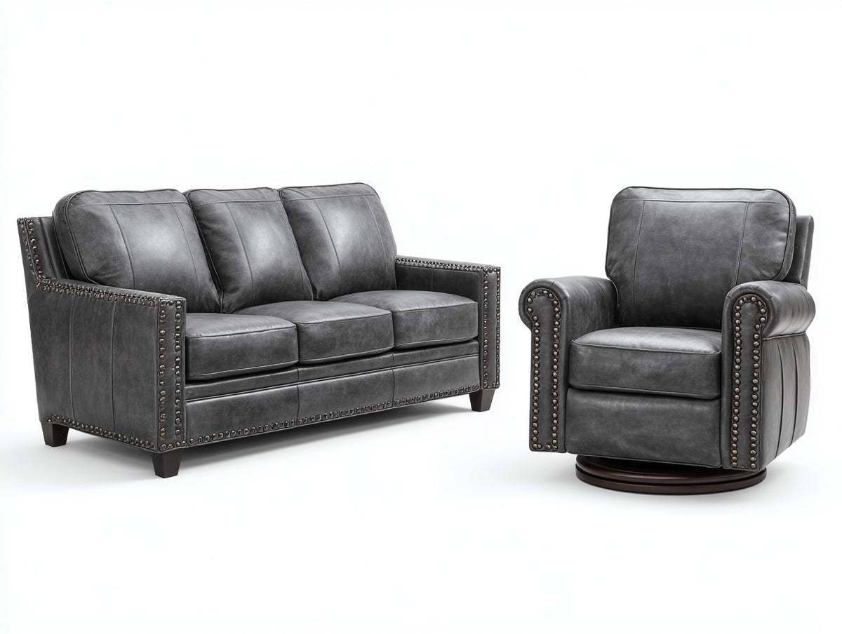 Set divani - Similpelle - 218 x 96 x 98 cm - Grigio antracite-Marrone scuro - Classico con poltrona girevole