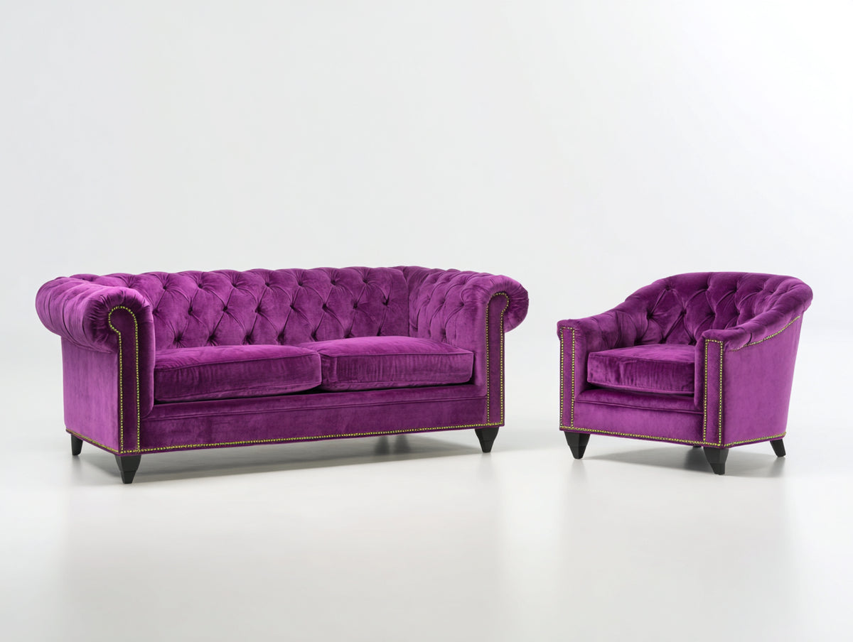 Set divani - Velluto - 195 x 95 x 80 cm - Viola-Oro-Nero - Chesterfield contemporaneo