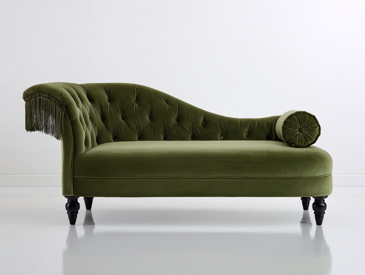 Chaise longue - Velluto-Legno - 189x83x93 cm - Verde oliva-Marrone scuro - Stile vintage