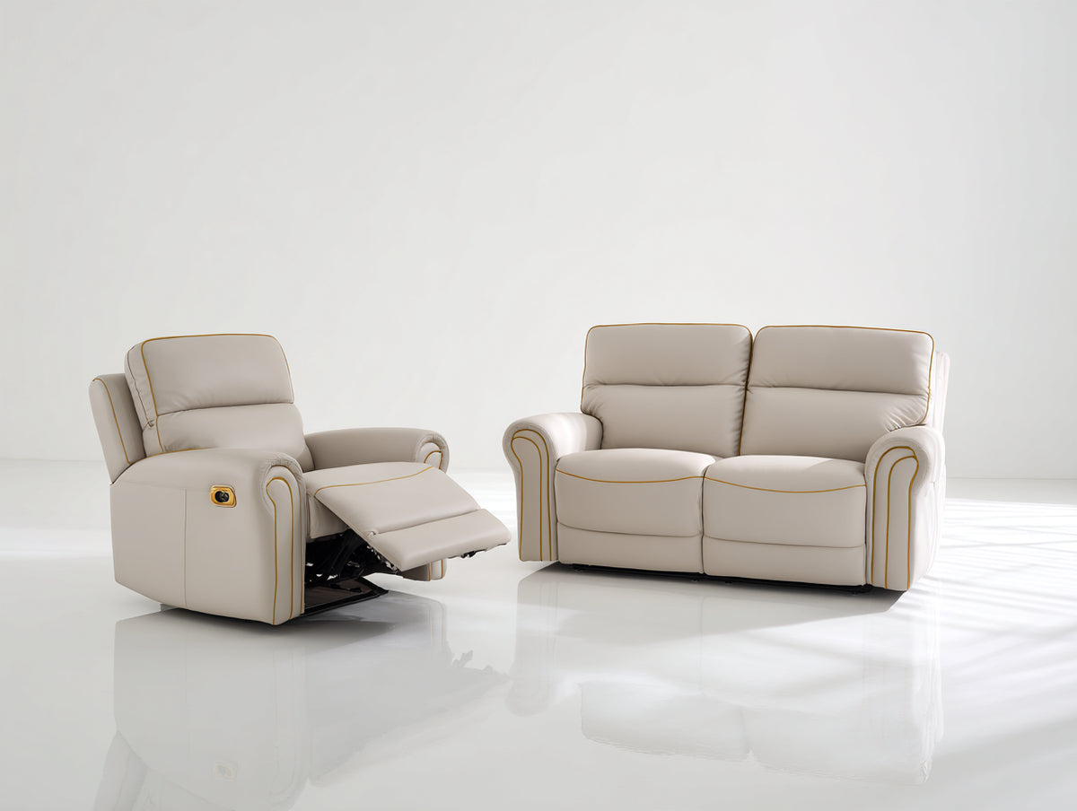 Set divani - Similpelle - 158 x 96 x 102 cm - Crema-Oro - Classico reclinabile