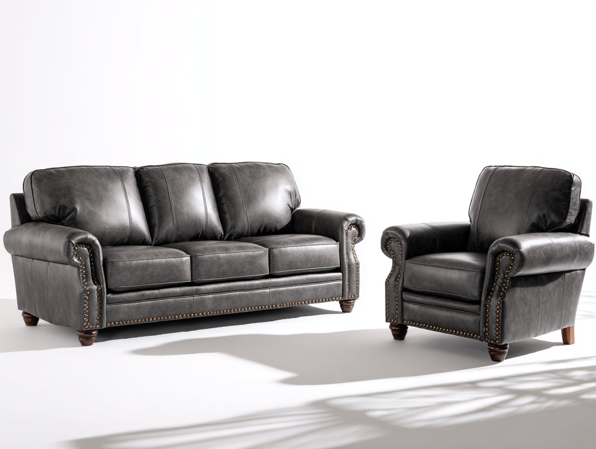Set divani - Similpelle - 220 x 94 x 96 cm - Grigio antracite-Marrone scuro - Classico