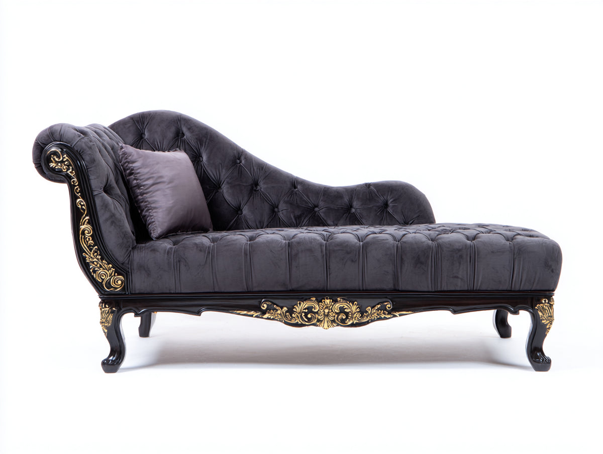 Chaise longue - Velluto-Legno - 185x80x95 cm - Grigio scuro-Marrone scuro-Oro - Stile barocco