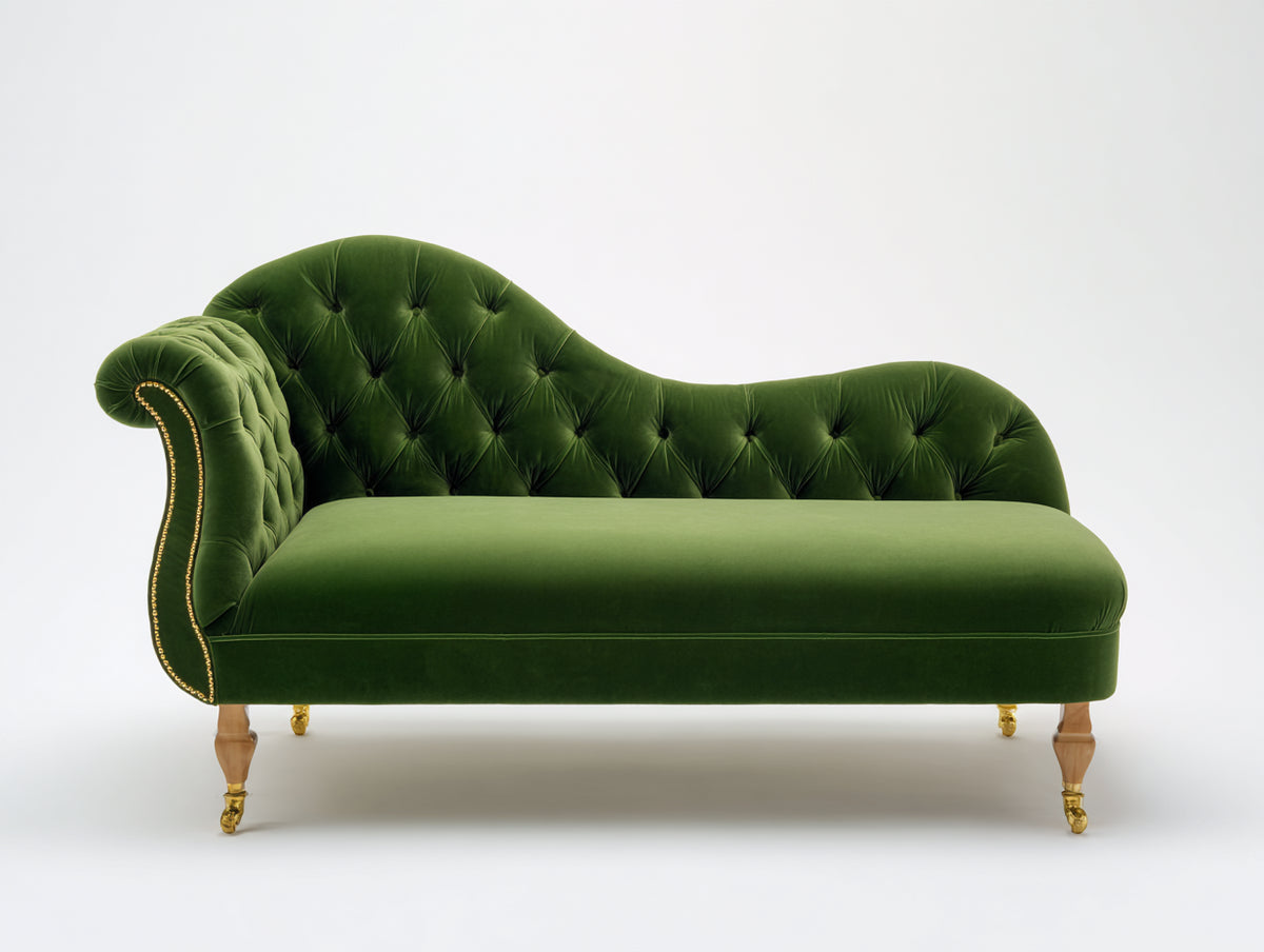 Chaise longue - Velluto-Legno - 186x81x96 cm - Verde oliva-Marrone-Oro - Stile vittoriano