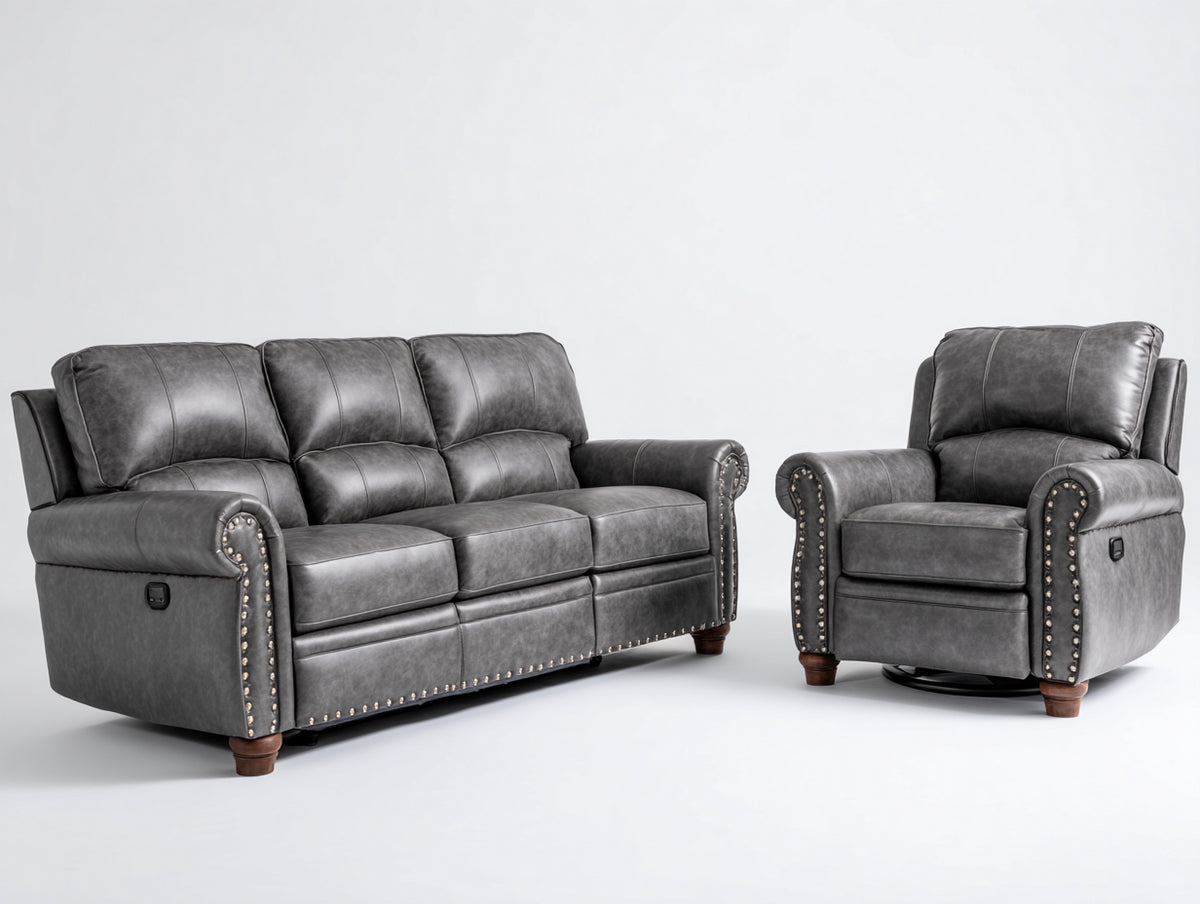 Set divani - Similpelle - 226 x 99 x 103 cm - Grigio antracite-Marrone - Classico reclinabile con poltrona girevole