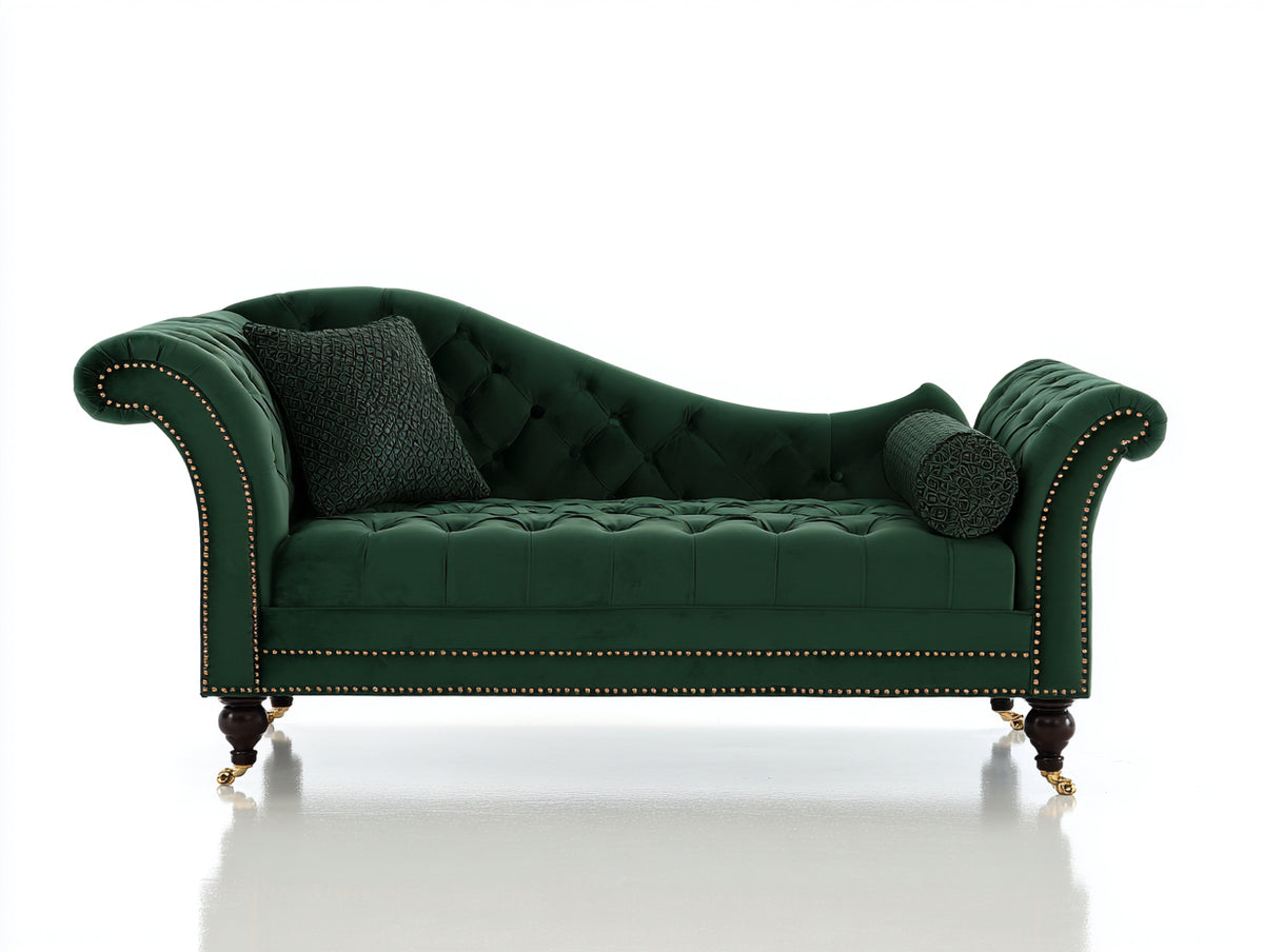 Chaise longue - Velluto-Legno-Metallo - 186x82x94 cm - Verde bosco-Marrone scuro-Oro - Stile vittoriano