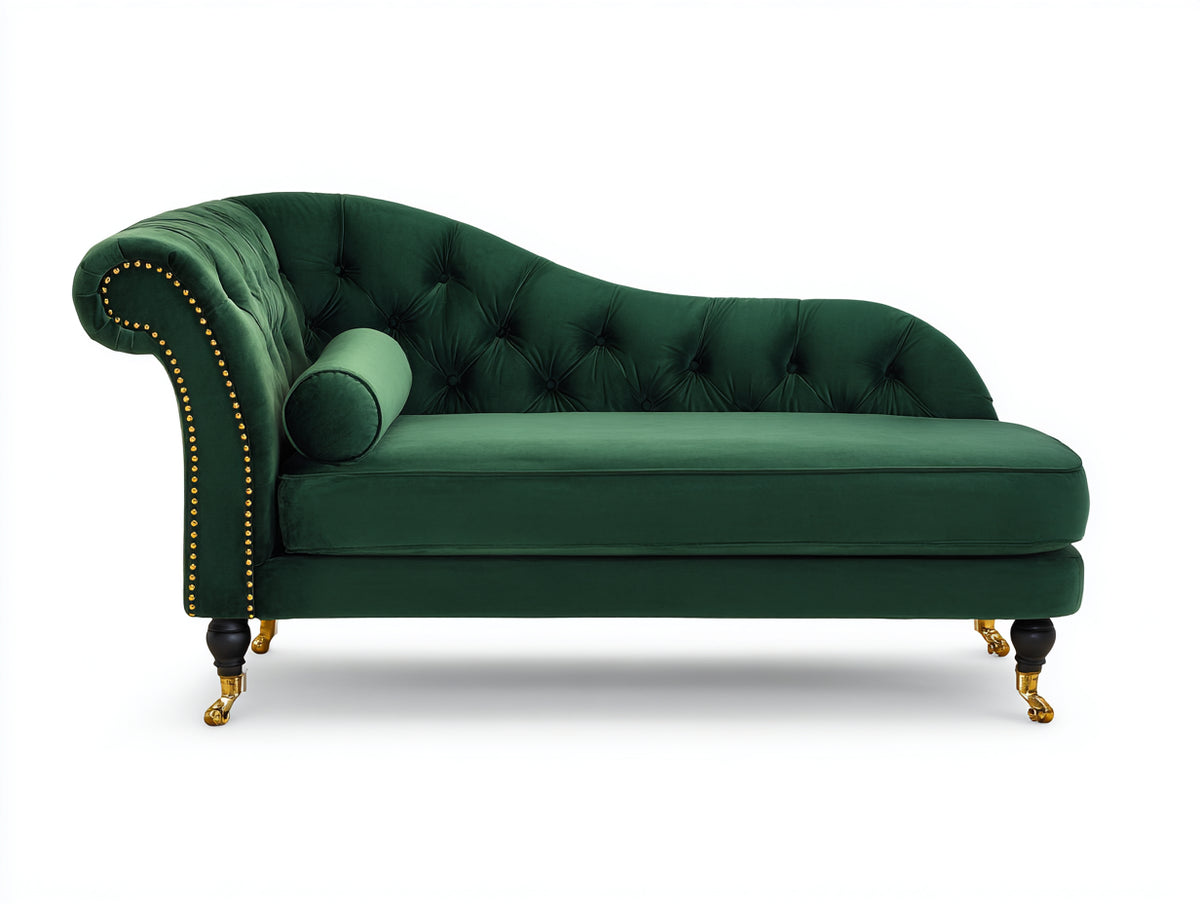 Chaise longue - Velluto-Legno-Metallo - 181x80x92 cm - Verde scuro-Nero-Oro - Stile vittoriano