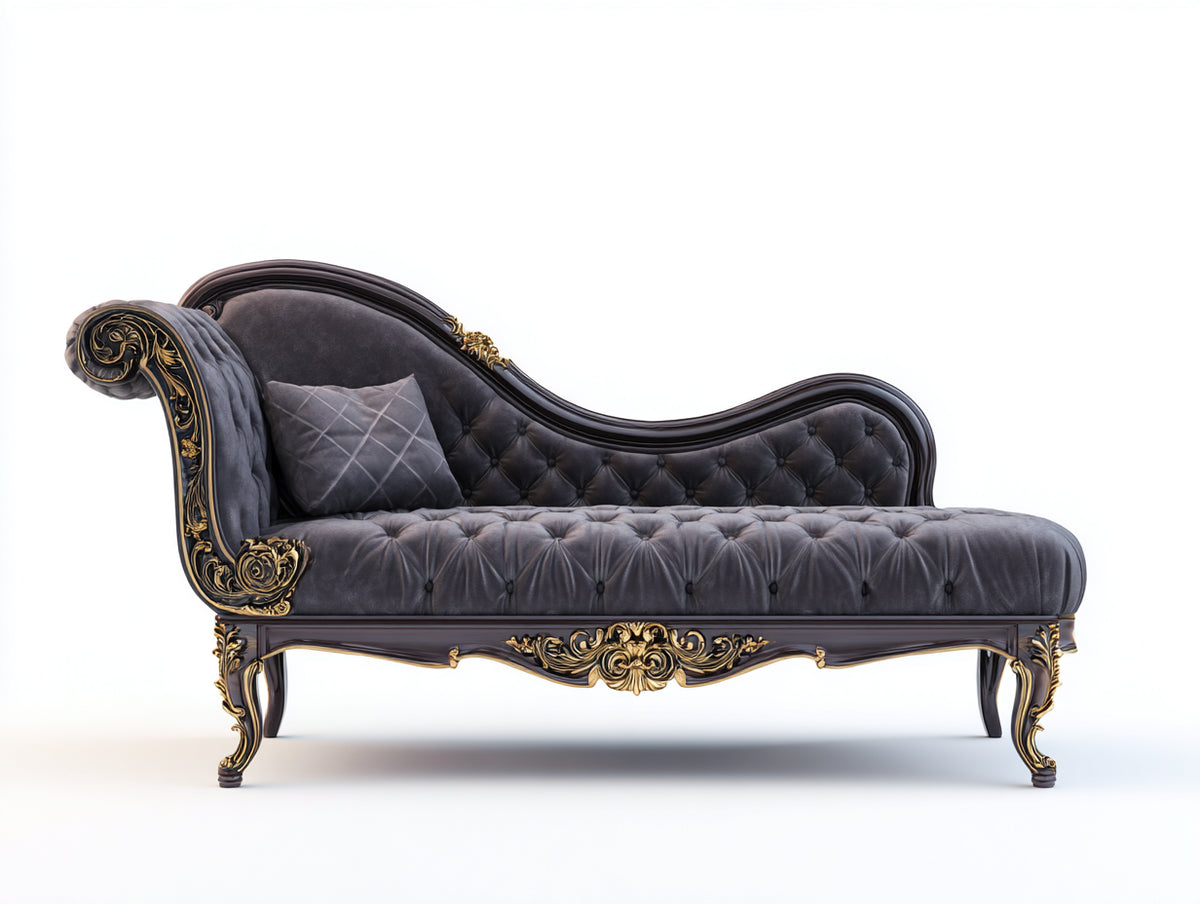 Chaise longue - Velluto-Legno - 190x82x98 cm - Grigio antracite-Marrone scuro-Oro - Stile barocco