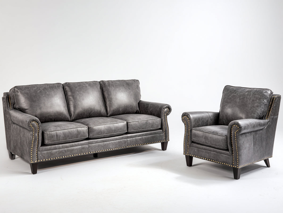Set divani - Similpelle - 224 x 97 x 96 cm - Grigio antracite-Marrone scuro - Classico con borchie