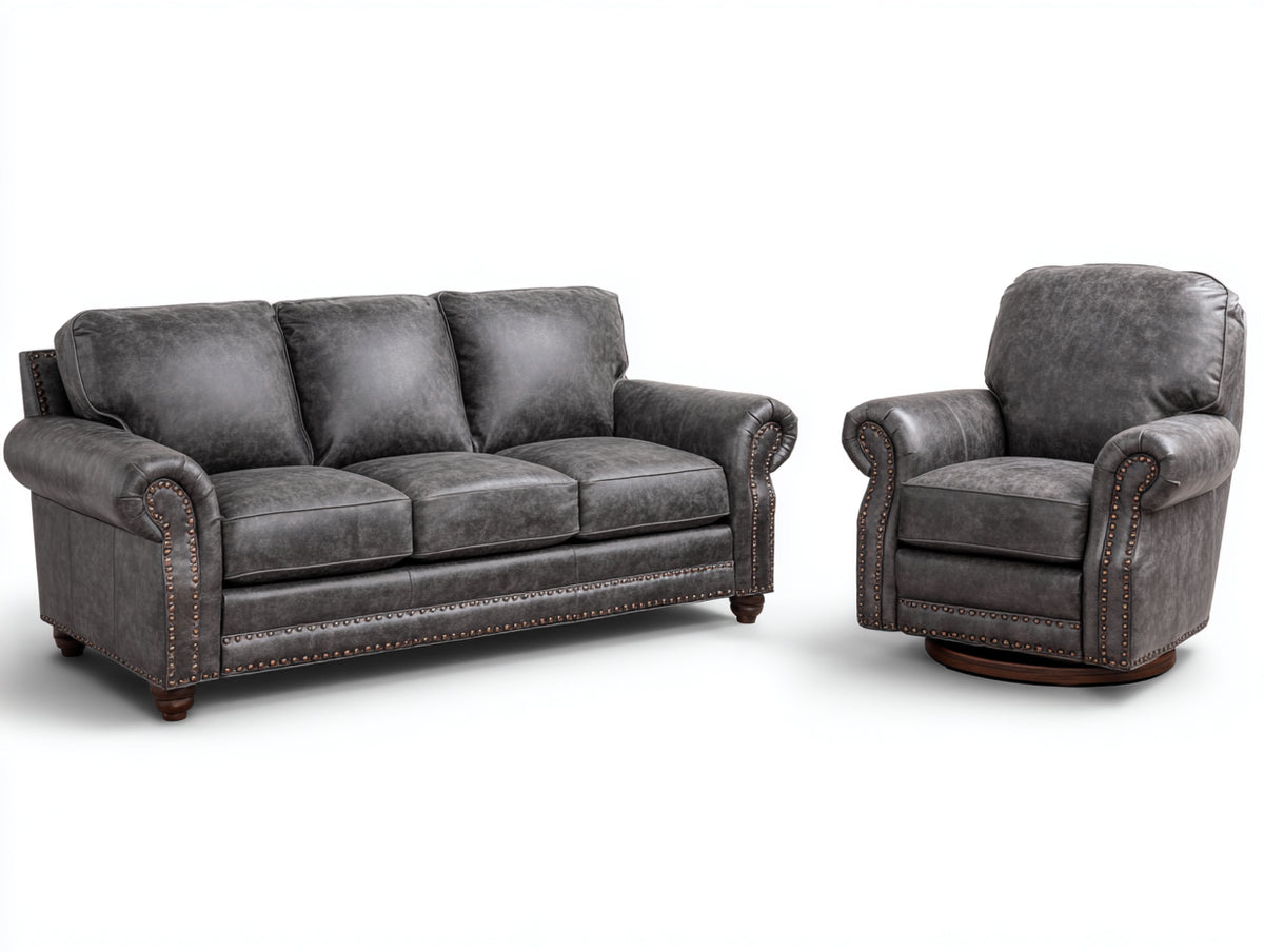 Set divani - Similpelle - 221 x 96 x 98 cm - Grigio antracite-Marrone scuro - Classico con poltrona girevole