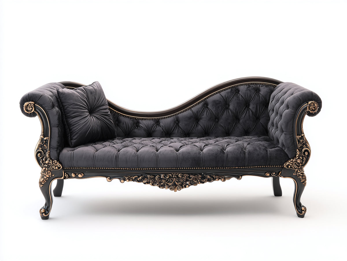Chaise longue - Velluto-Legno - 182x79x92 cm - Grigio antracite-Marrone scuro-Oro - Stile rococò