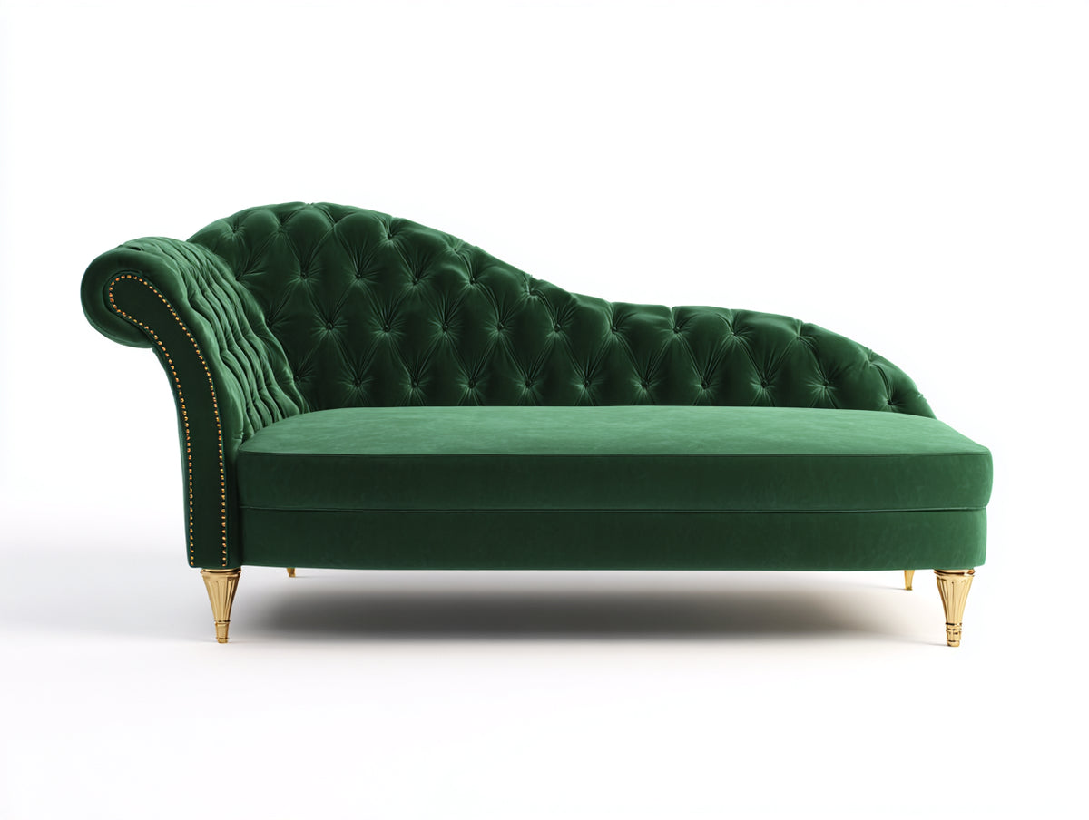 Chaise longue - Velluto-Metallo - 190x84x91 cm - Verde smeraldo-Oro - Stile classico