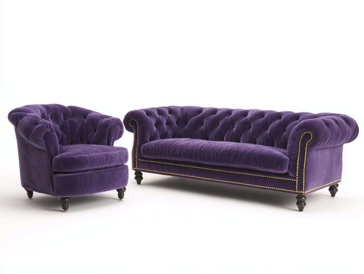 Set divani - Velluto - 232 x 98 x 78 cm - Viola-Oro-Nero - Chesterfield vintage