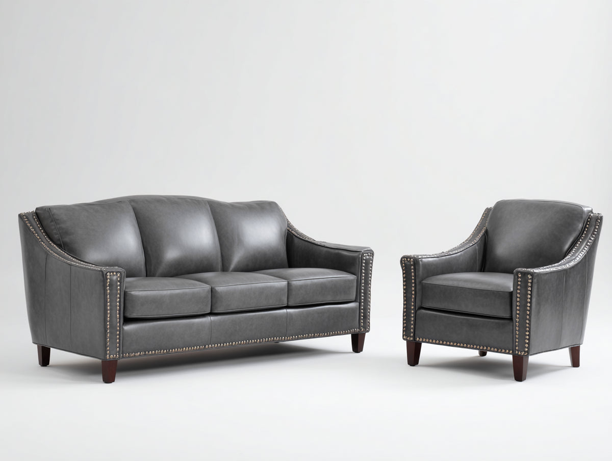 Set divani - Similpelle - 216 x 94 x 91 cm - Grigio ardesia-Marrone scuro - Classico sobrio