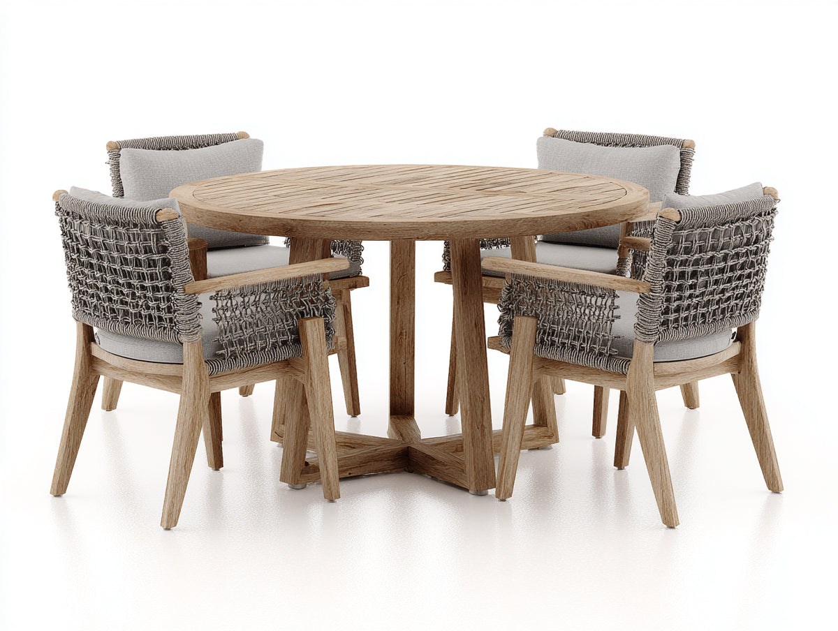 Set da pranzo da esterno - Legno-Corda-Tessuto - 130 x 130 x 76 cm - Naturale-Grigio chiaro - Moderno