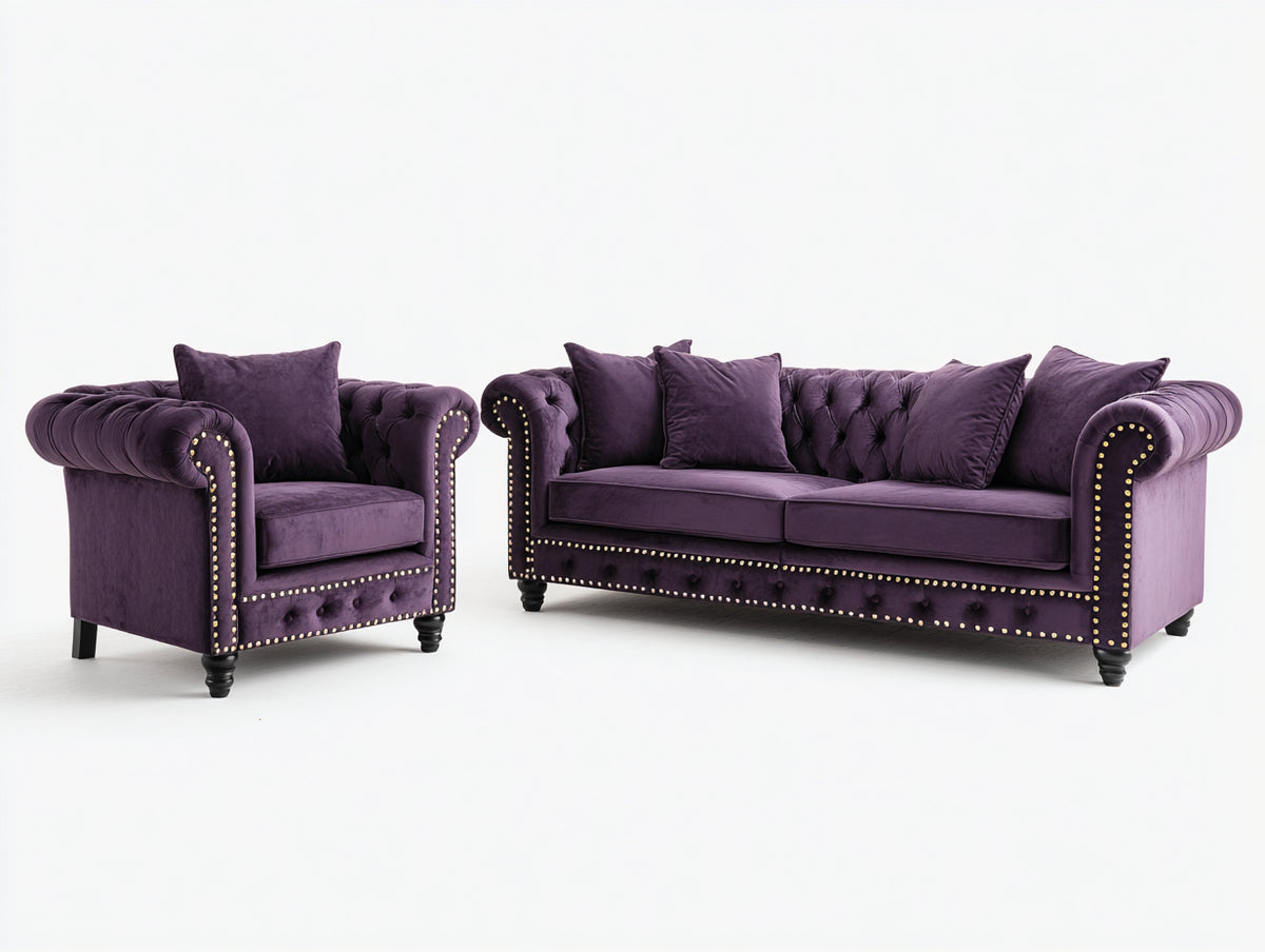 Set divani - Velluto - 224 x 96 x 80 cm - Viola scuro-Oro-Nero - Chesterfield elegante